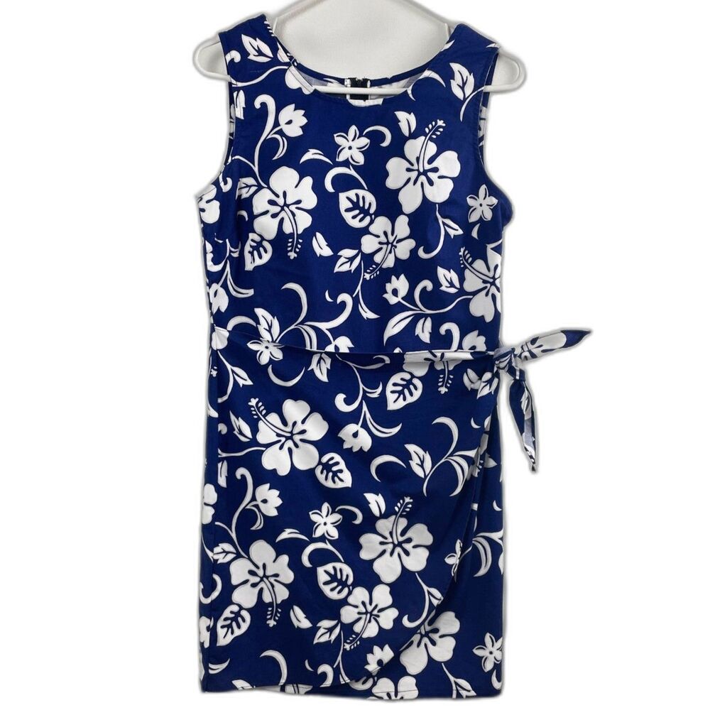 Vintage Shannon Marie Blue and White Hawaiian Sarong Dress Sz L Hibiscus